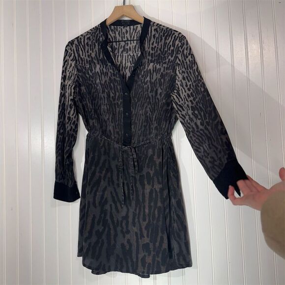 AllSaints Sanko Sinai Dress US 10 Silk Mini Leopard Print Sheer Shirt Dress - Picture 3 of 8